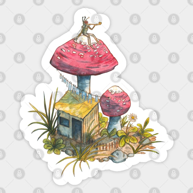 Little fairy on a mushroom - traditional watercolor painting Sticker by Karolina Studena-art